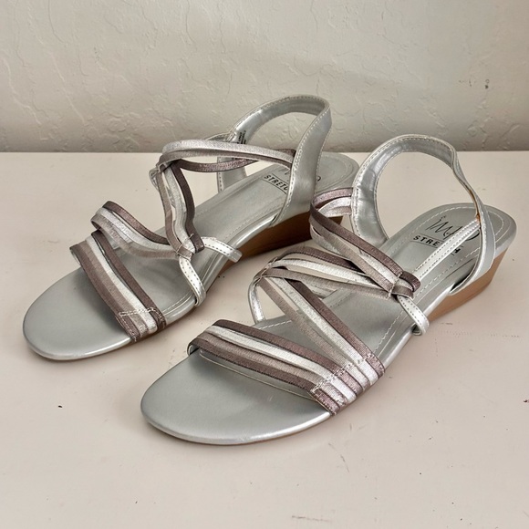 Impo Shoes - Impo Shoes Stretch Metallic Silver Strappy Low Wedge Sandal, 6.5 Women’s